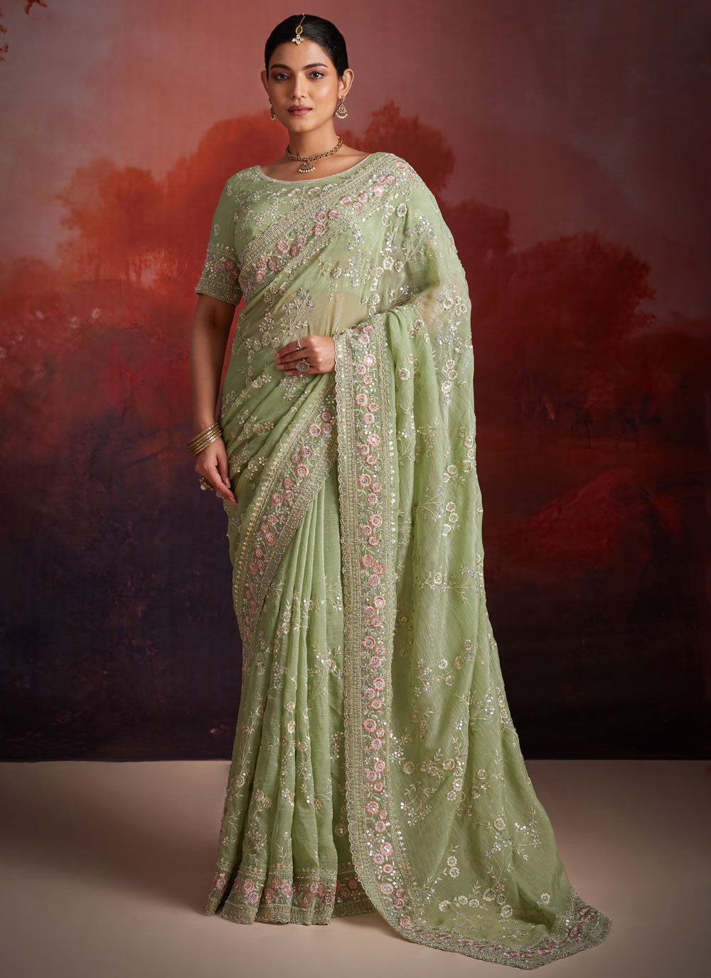 Cutdana, Embroidered, Sequins, Thread Organza Saree - S12047