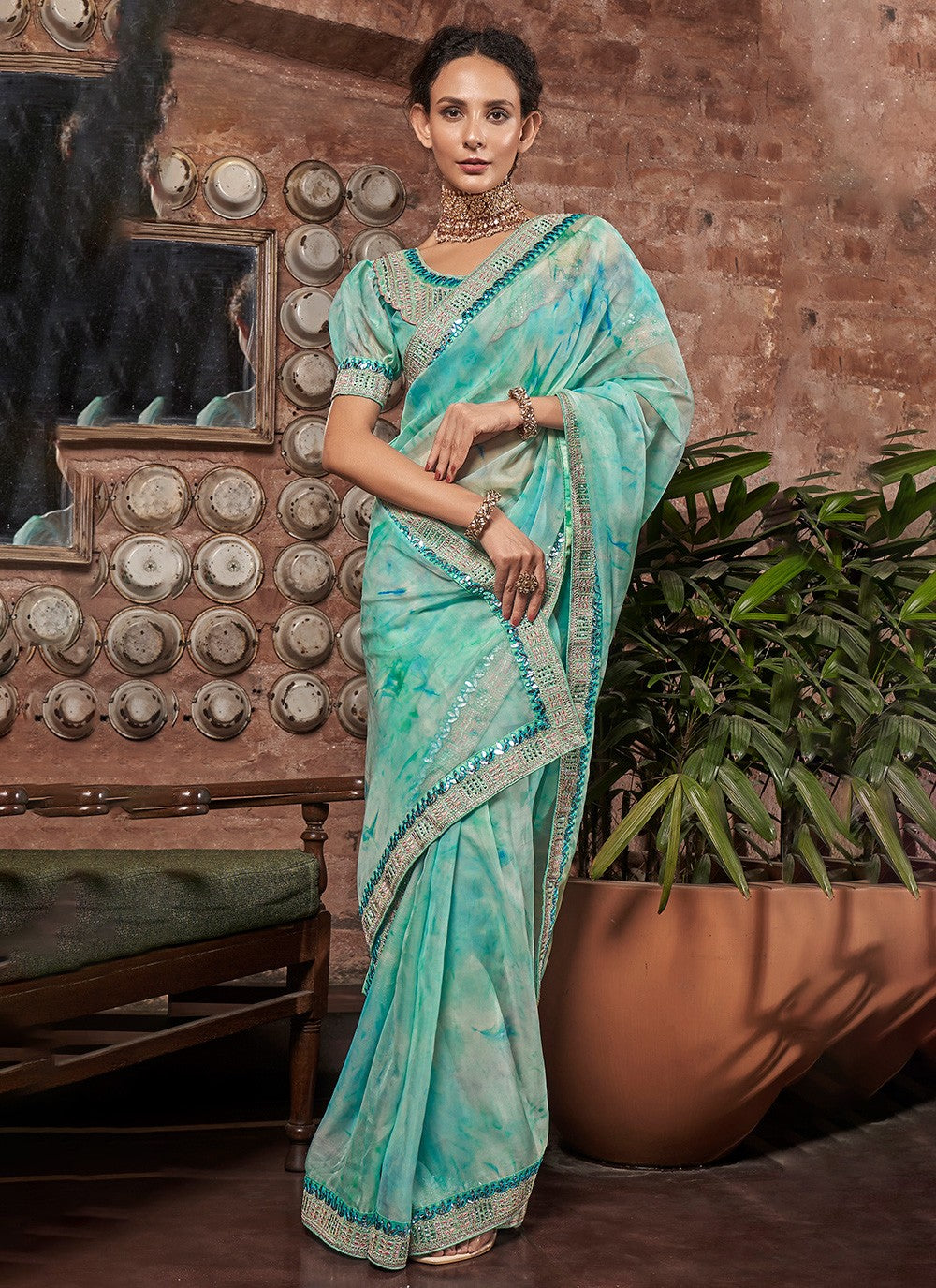 Traditional Border Work Organza Saree - S3525