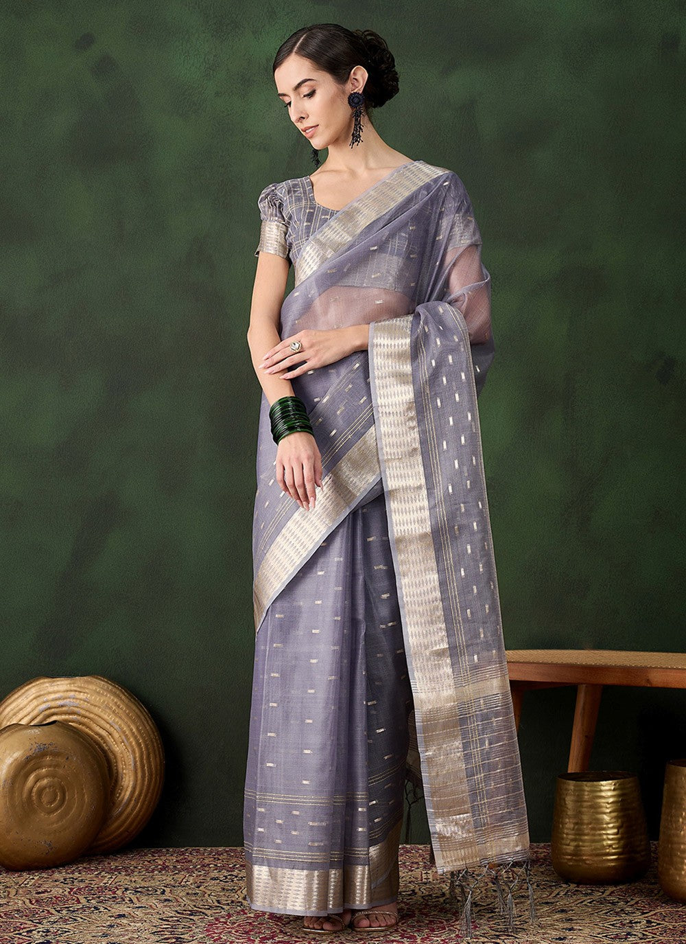 Contemporary Jacquard Work Khadi, Organza Saree - S10486