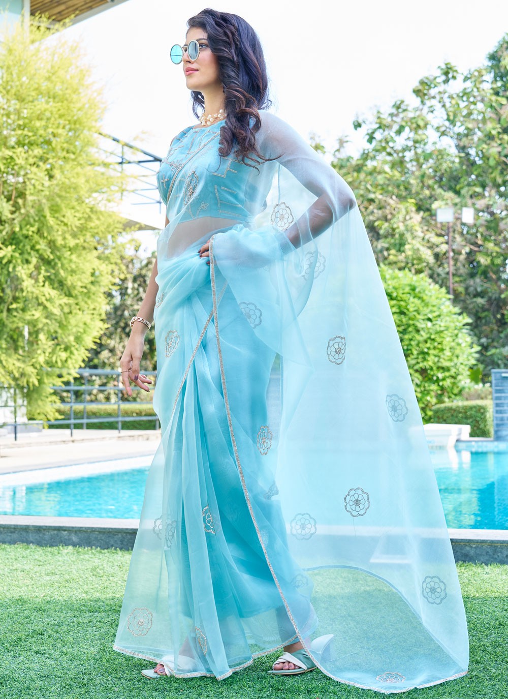 Cutdana, Swarovski Organza Saree - S11655