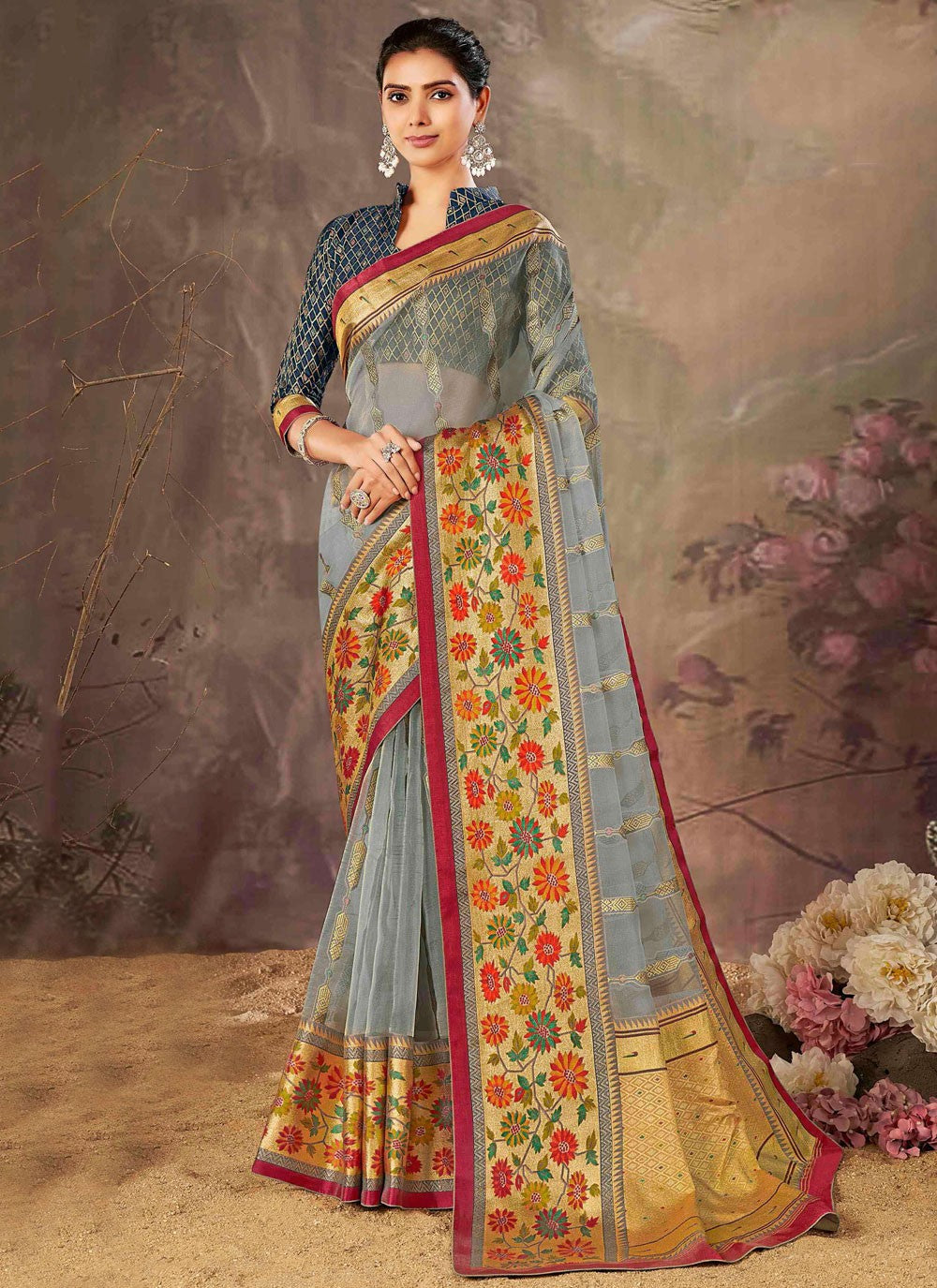 Weaving Zari Organza Saree - S12112