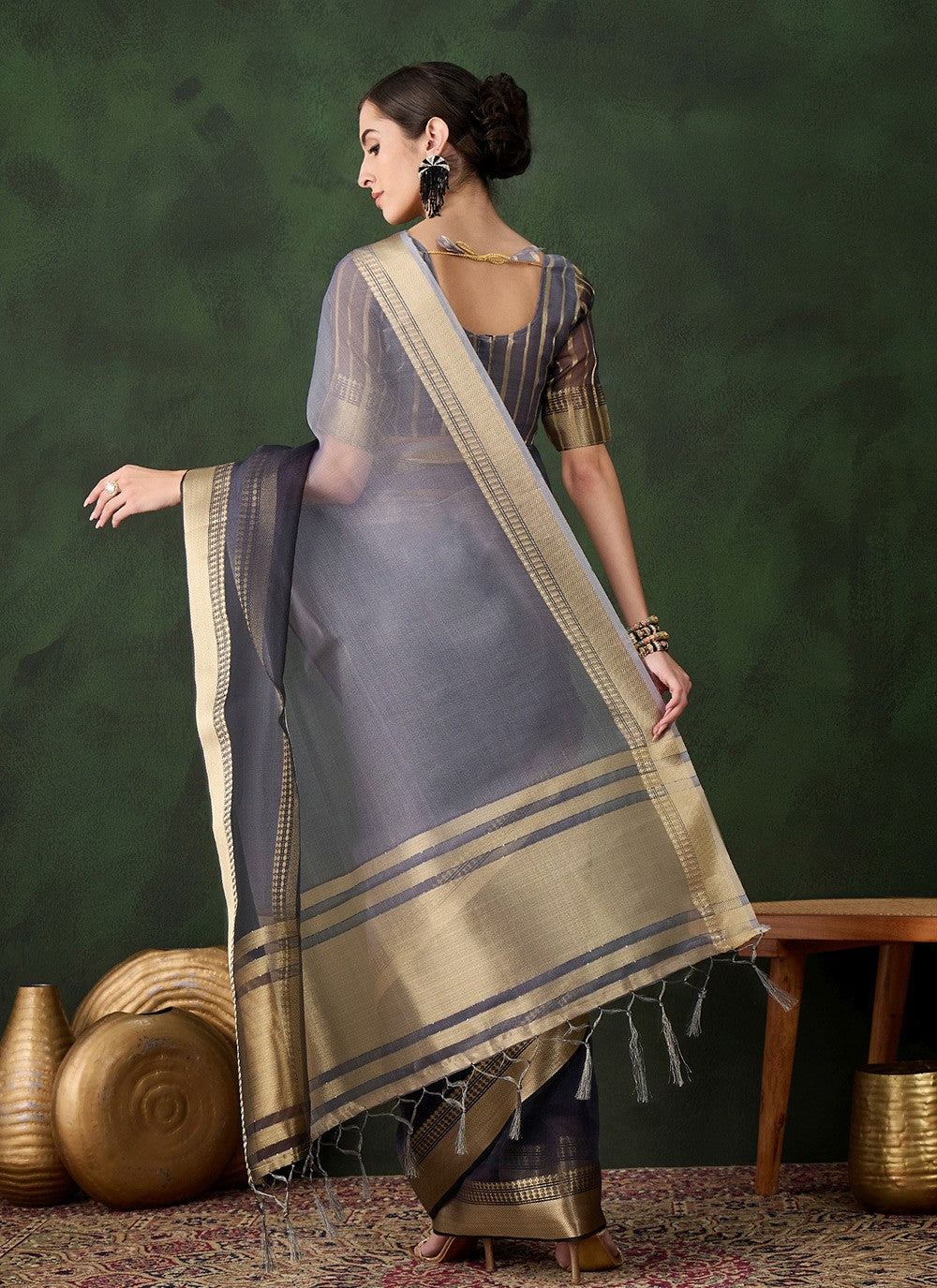 Classic Jacquard Work Khadi, Organza Wine Saree - S10824