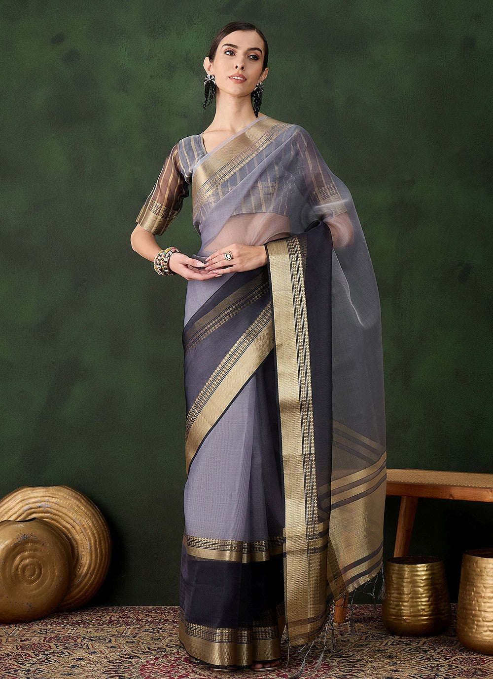 Classic Jacquard Work Khadi, Organza Wine Saree - S10824