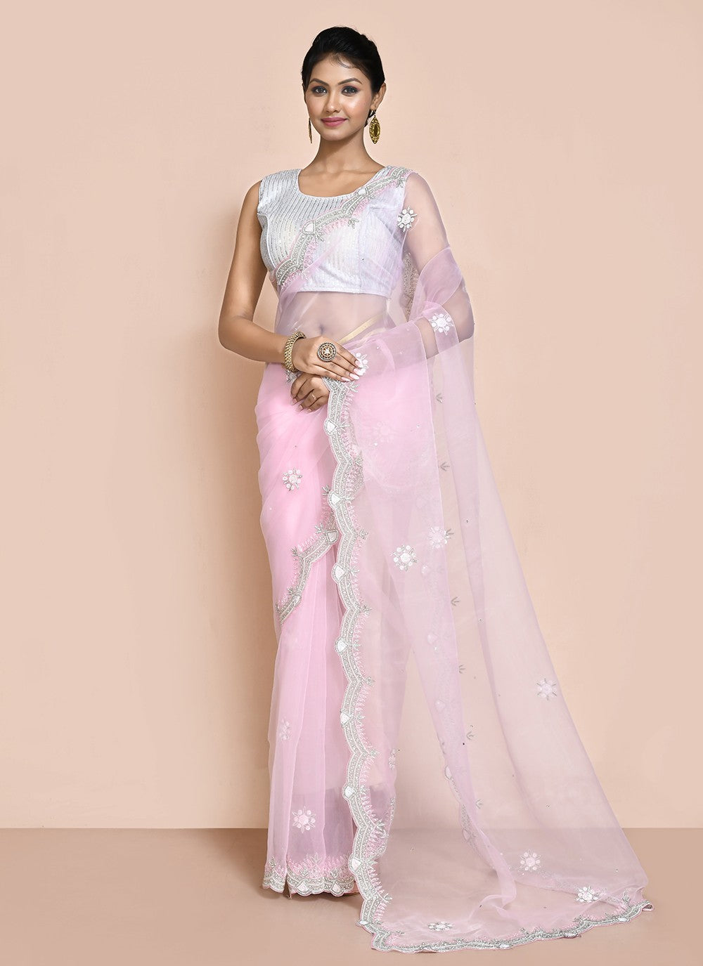 Contemporary Hand Embroidery Organza Saree - S9227