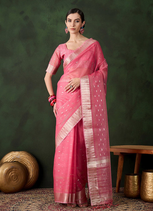 Classic Jacquard Work Khadi, Organza Pink Saree - S10799