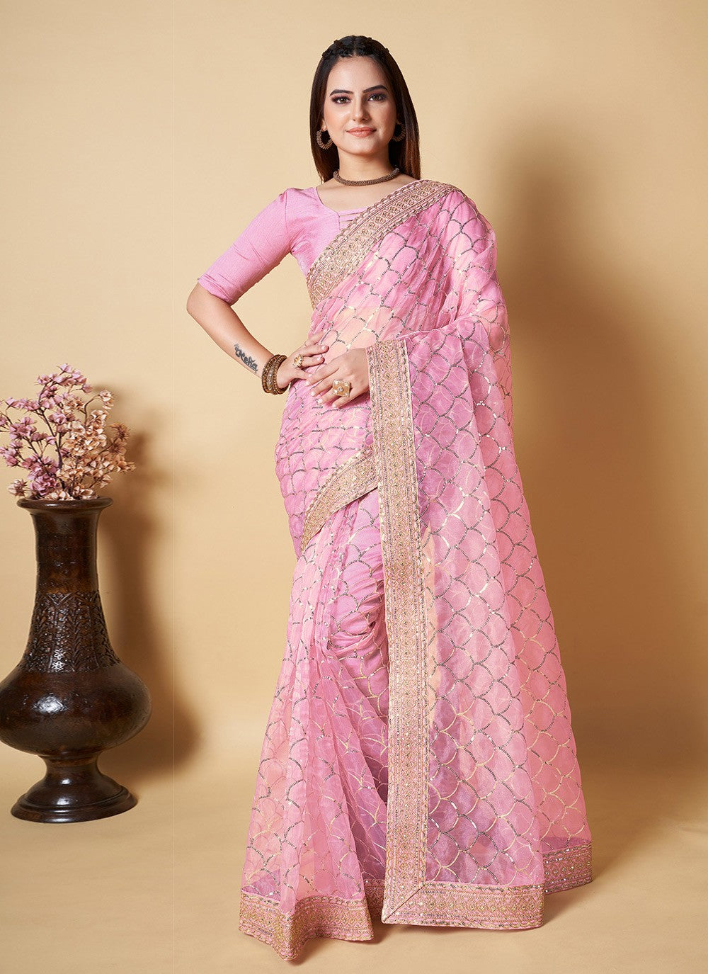 Traditional Embroidered Organza Saree - S6242