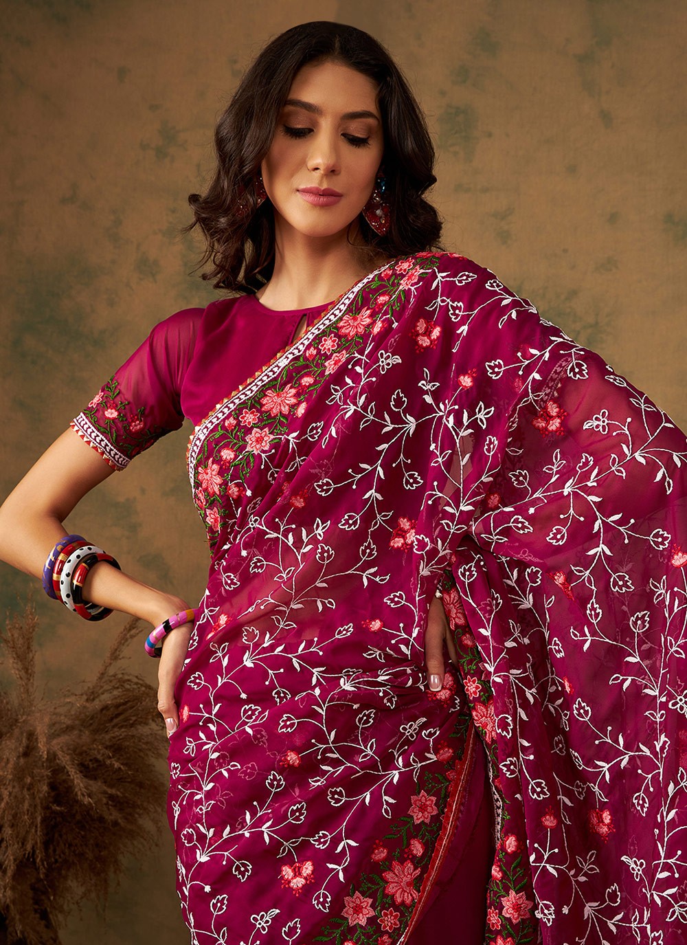 Traditional Embroidered Organza Saree - S7070