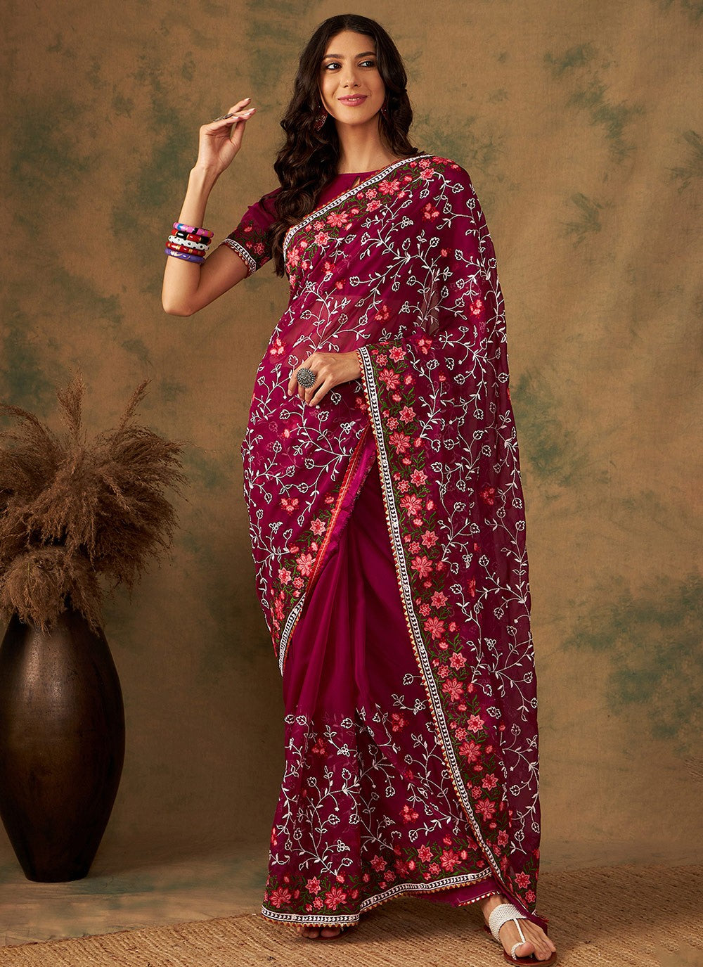 Traditional Embroidered Organza Saree - S7070