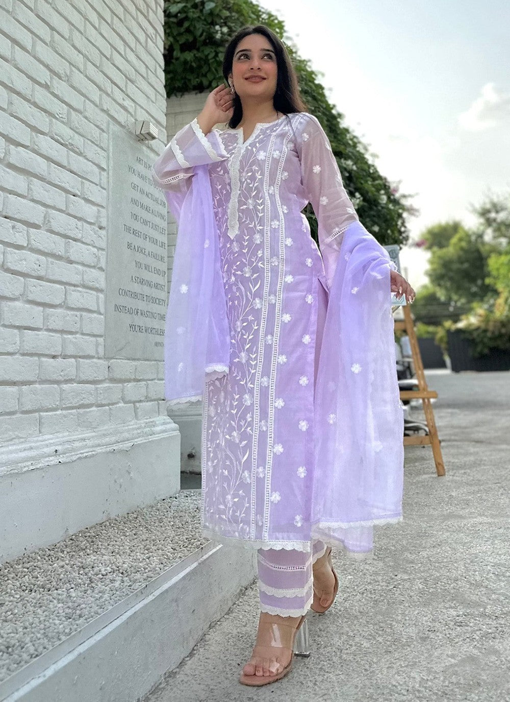 Embroidered Organza Pant Style Suit - T4507