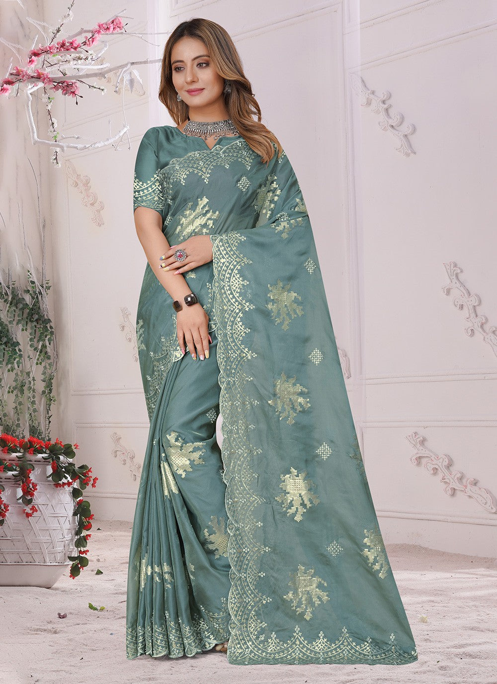 Traditional Diamond Organza, Silk Saree - S3420