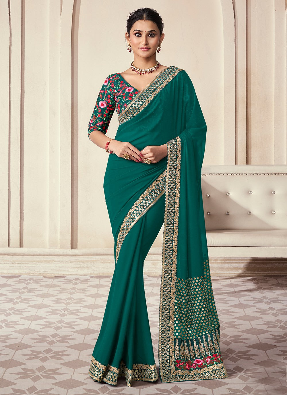 Trendy Sequins Organza Saree - S5261