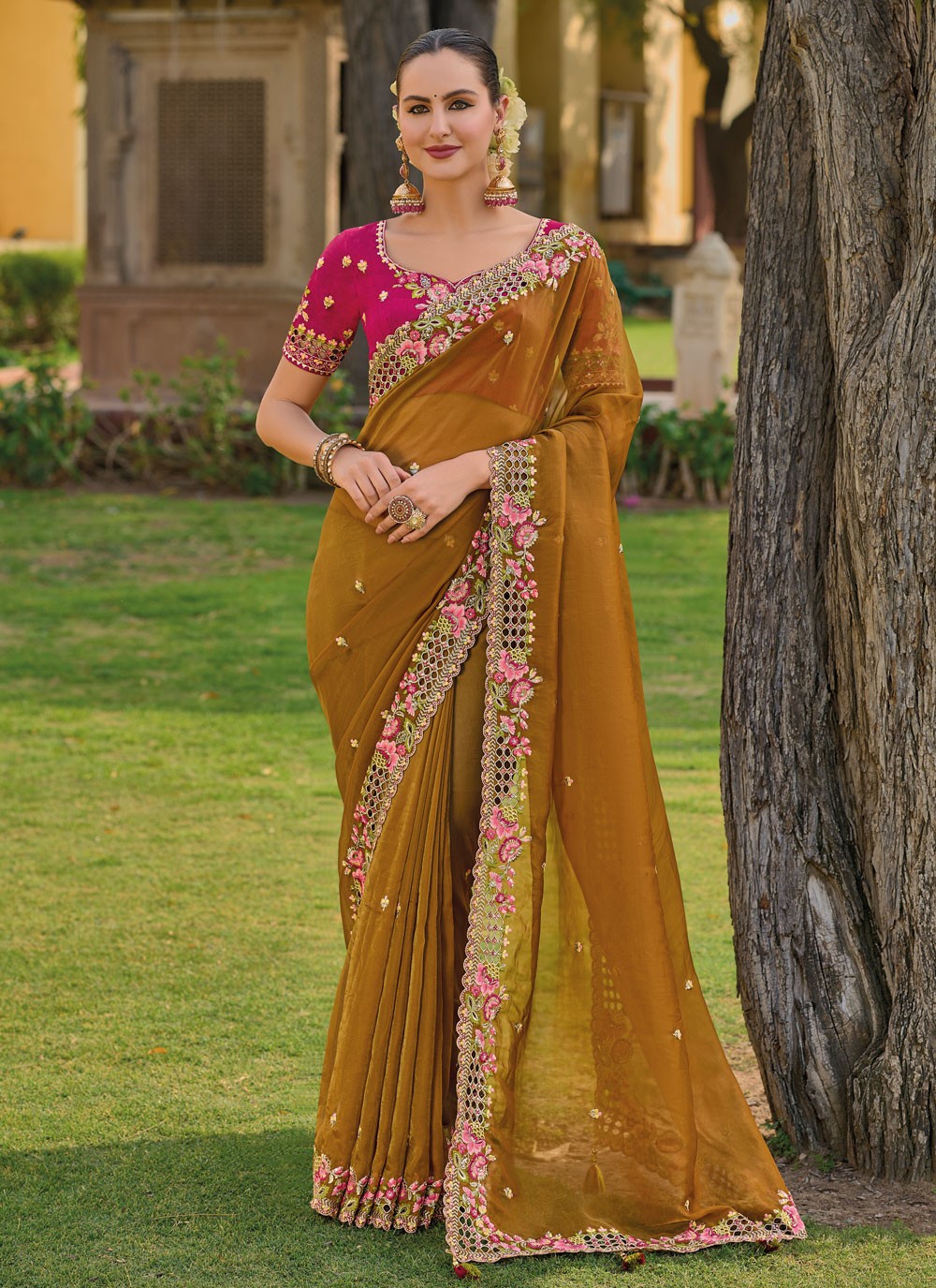 Trendy Cut Work Organza, Silk Saree - S5901