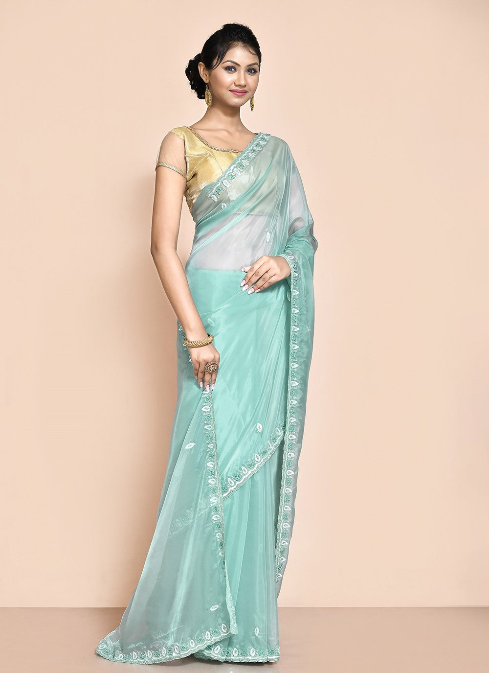 Contemporary Hand Embroidery Organza Saree - S9227