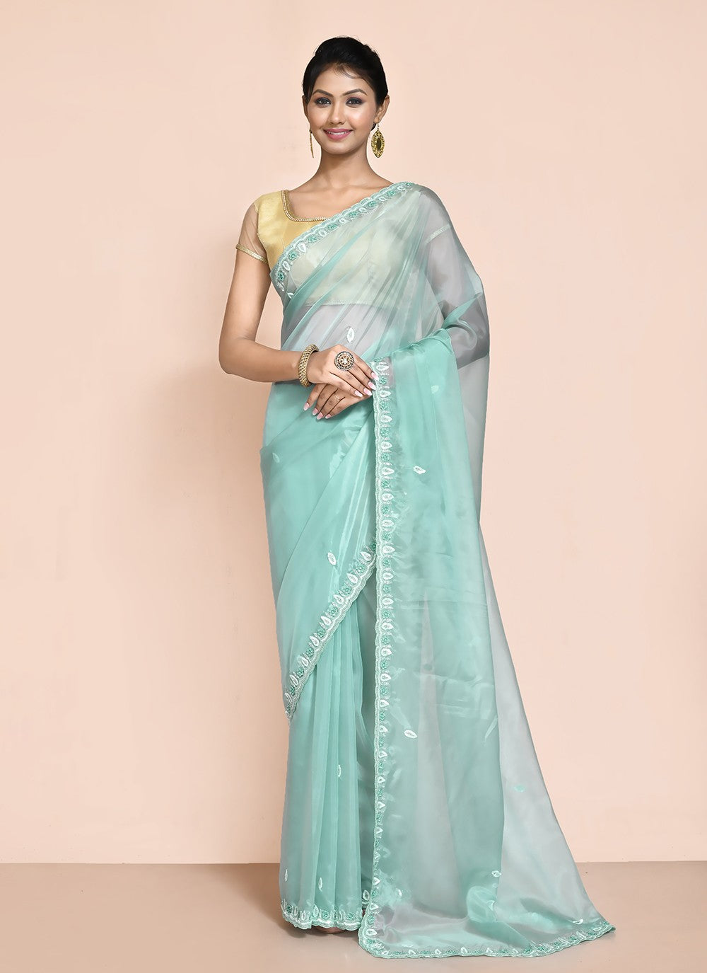 Contemporary Hand Embroidery Organza Saree - S9227