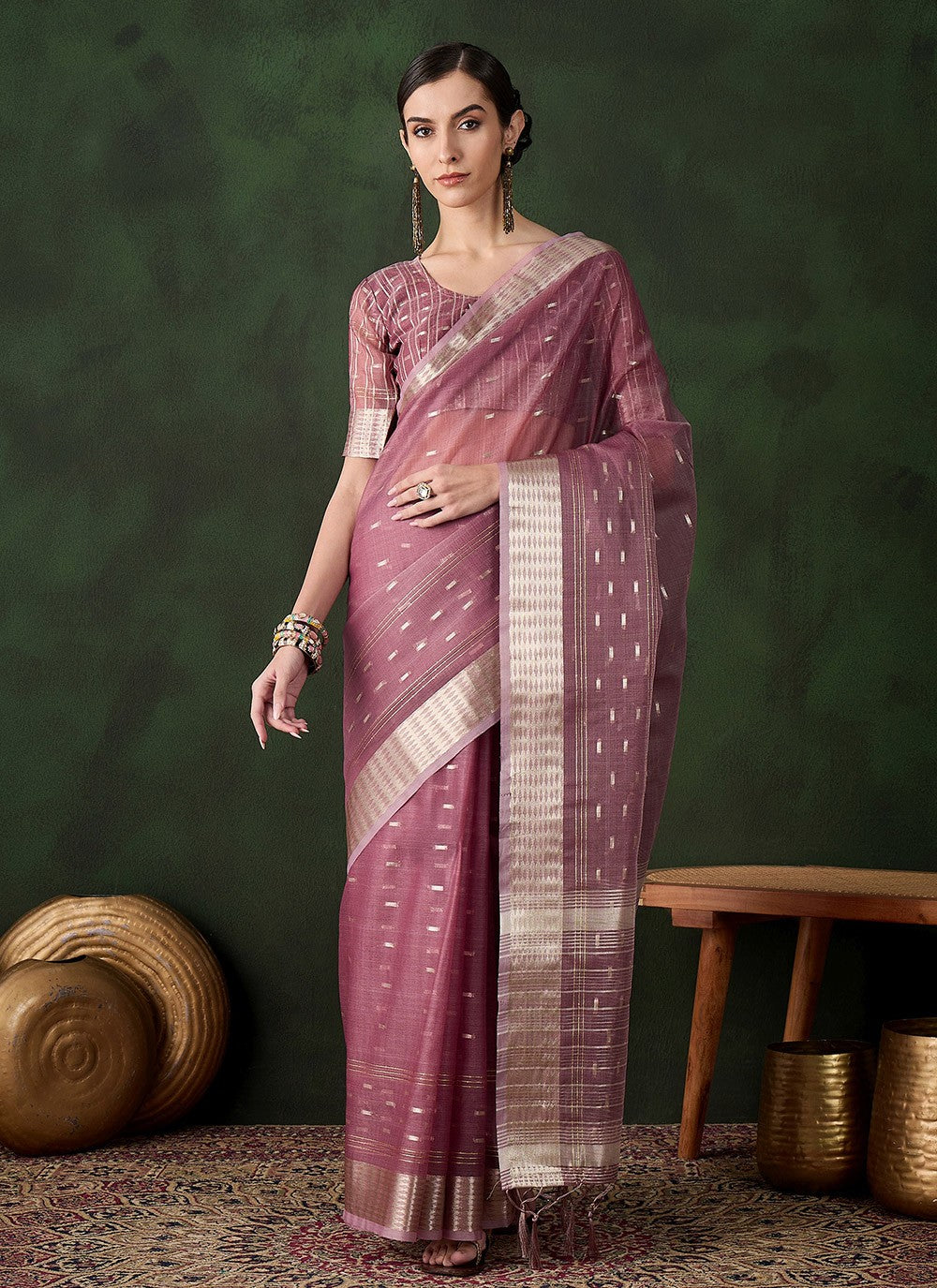 Contemporary Jacquard Work Khadi, Organza Saree - S10486