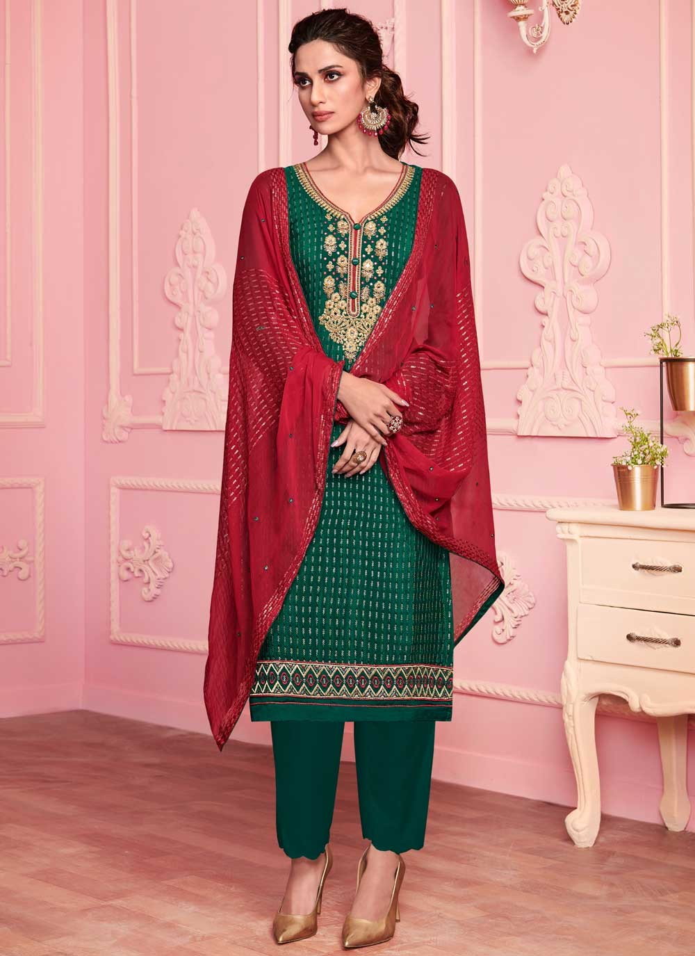 Faux Georgette Pant Style Suit - T212