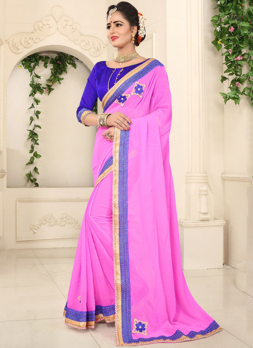 Classic Patch Faux Chiffon Saree - S0094