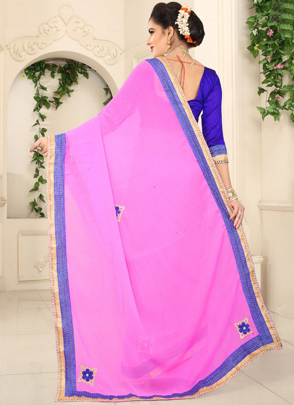 Classic Patch Faux Chiffon Saree - S0094