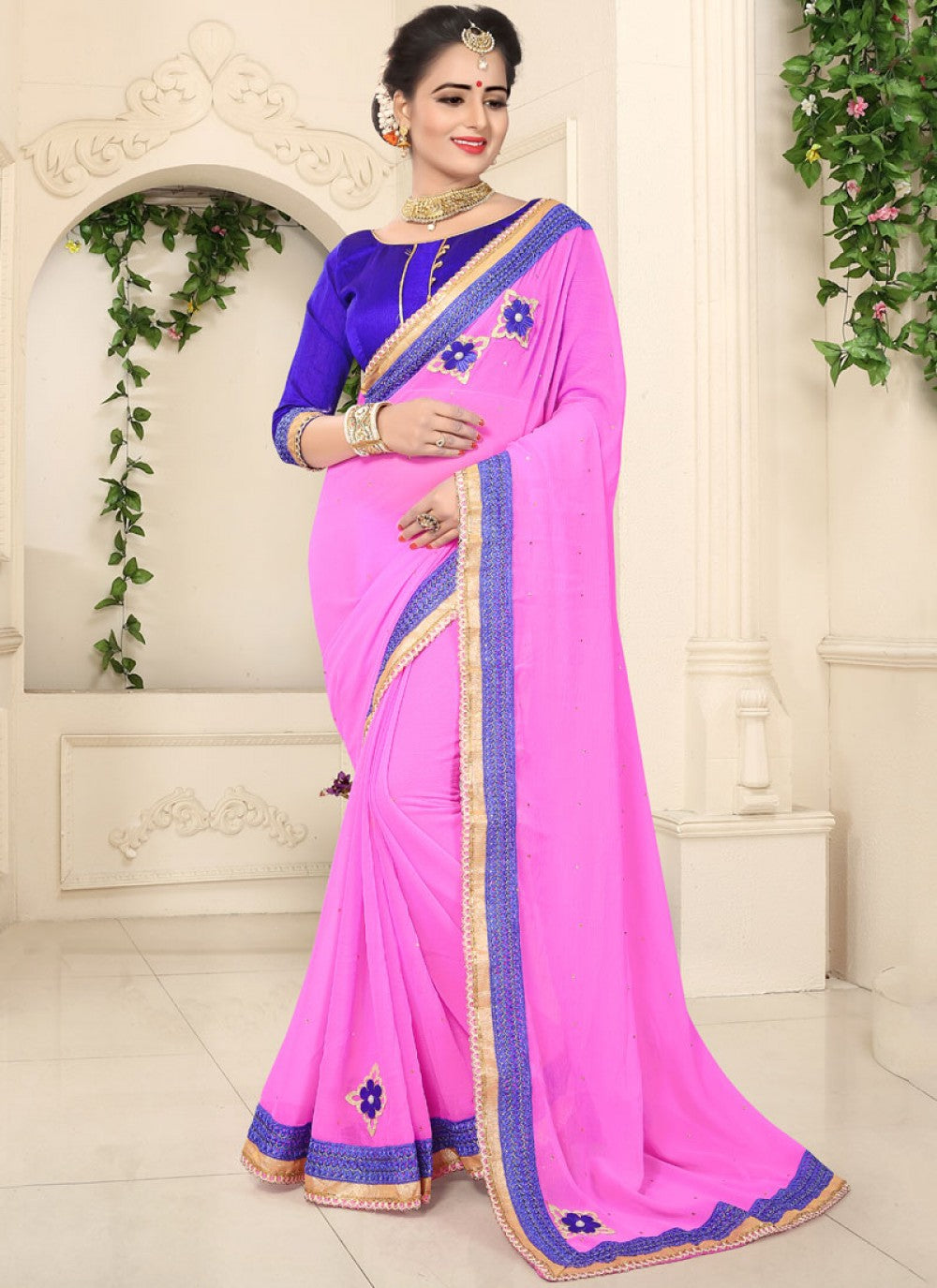 Classic Patch Faux Chiffon Saree - S0094