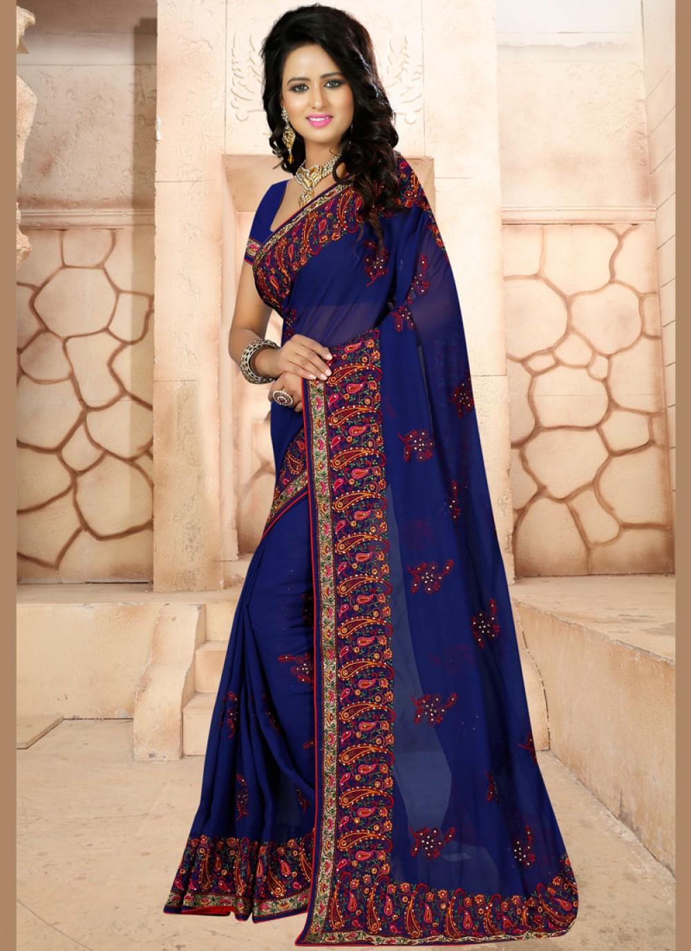 Trendy Embroidered Faux Georgette Saree - S0084