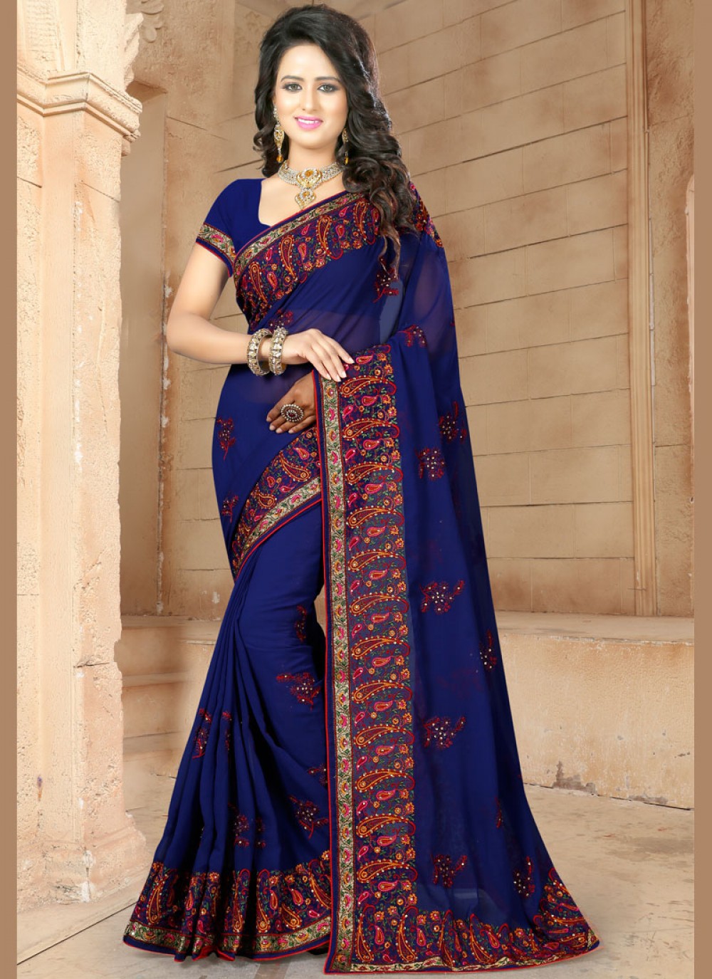 Trendy Embroidered Faux Georgette Saree - S0084