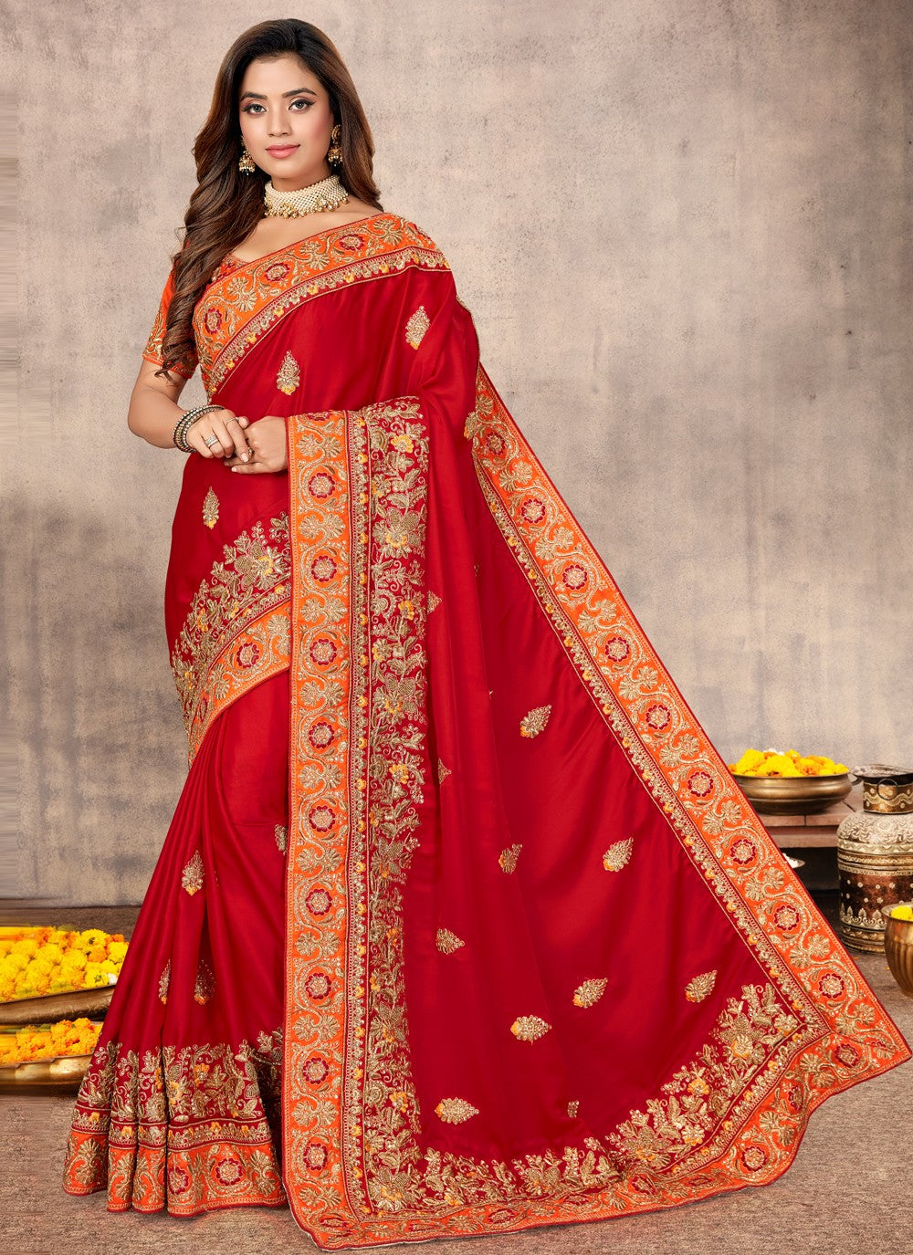 Traditional Embroidered Satin Saree - S0456