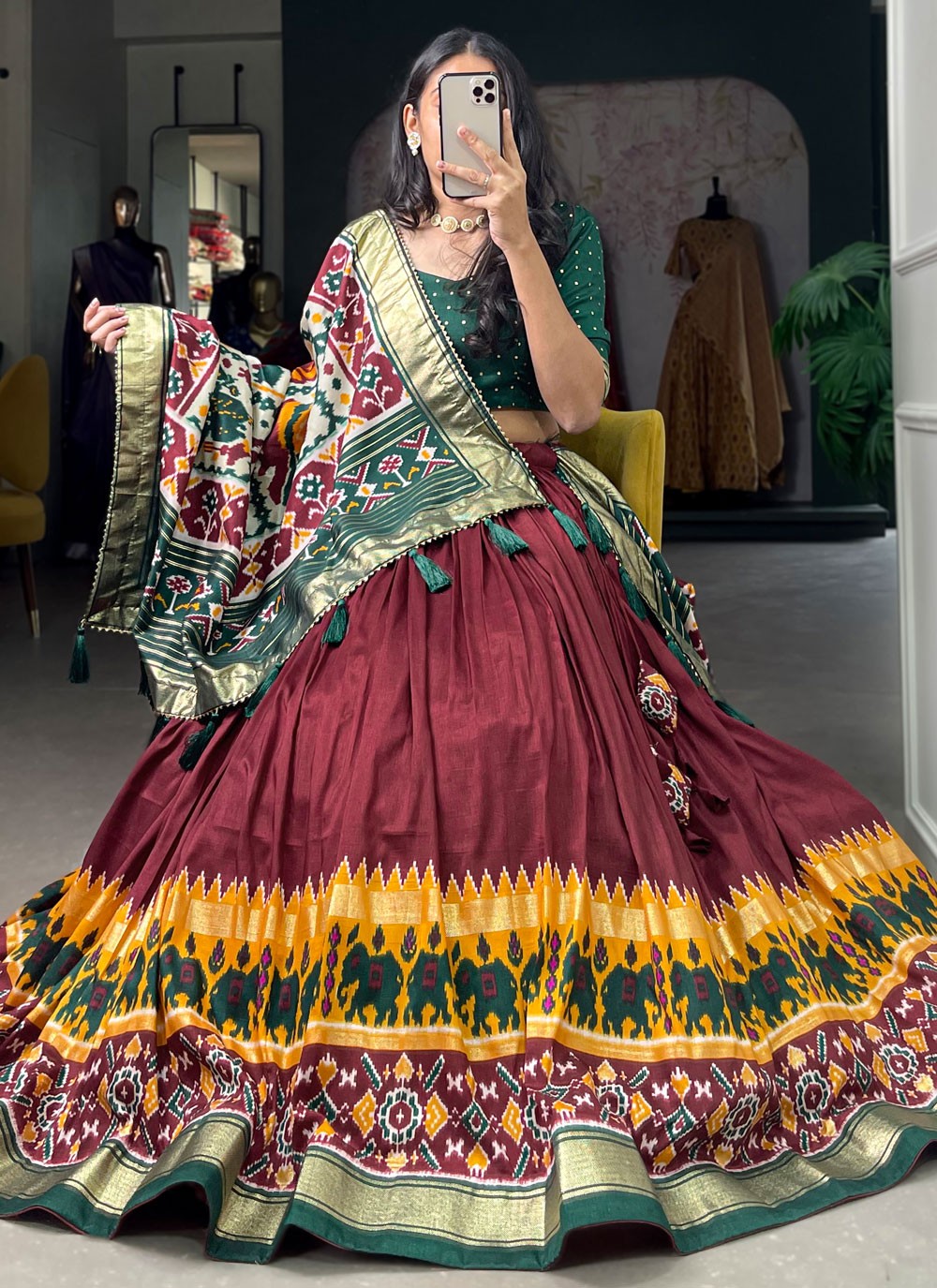 Patola Print Tussar Silk A - Line Lehenga - L1569