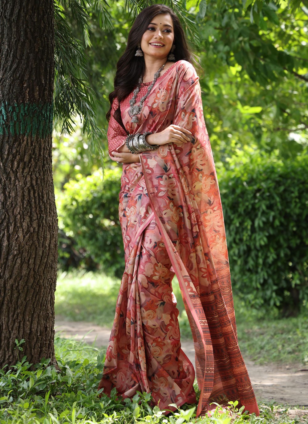 Trendy Printed Tussar Silk Peach, Pink Saree - S10788