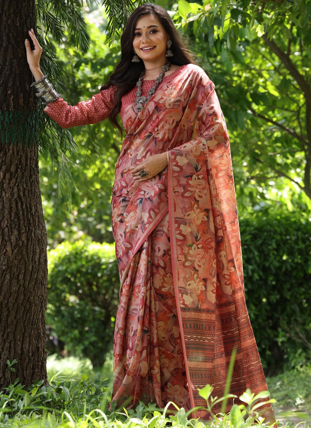 Trendy Printed Tussar Silk Peach, Pink Saree - S10788