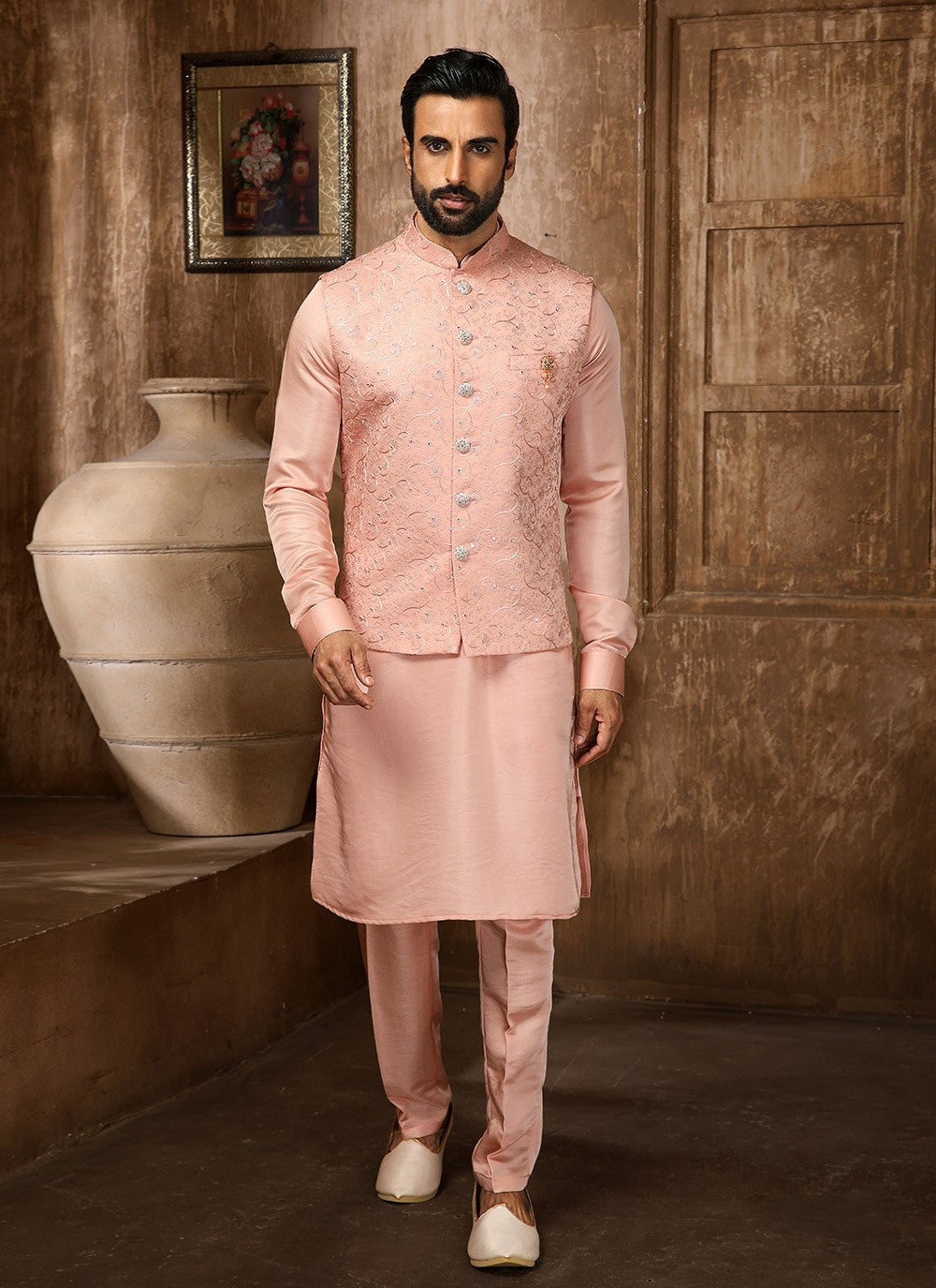 Embroidered Banarasi Silk Peach Kurta Payjama With Jacket - M4283