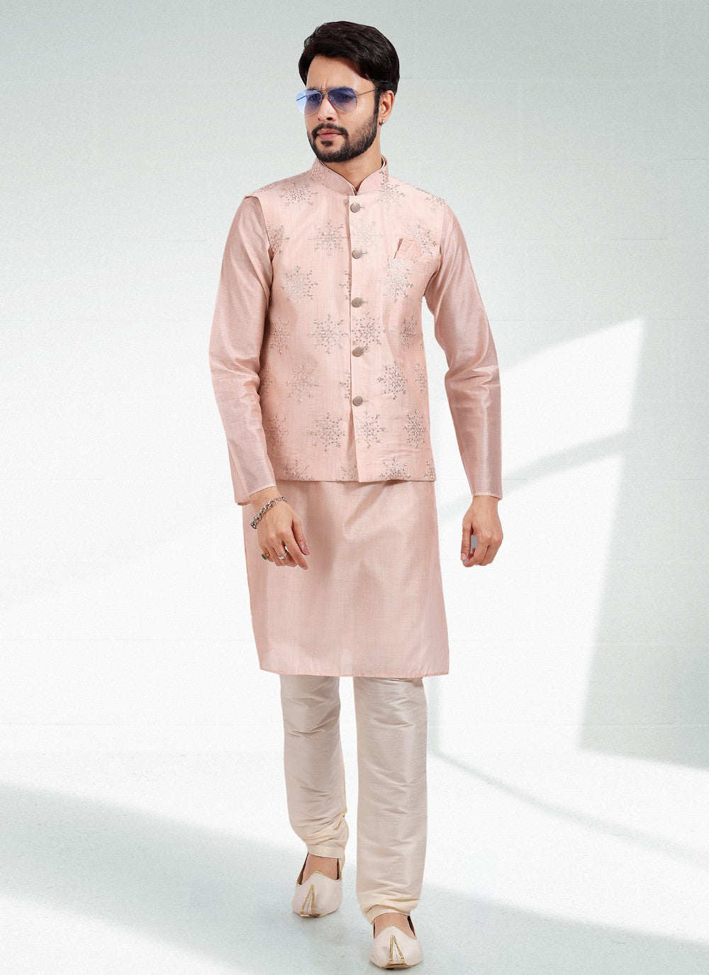 Thread Banarasi Silk Peach Kurta Payjama With Jacket - M4616