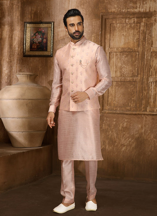 Embroidered Banarasi Silk Peach Kurta Payjama With Jacket - M4260