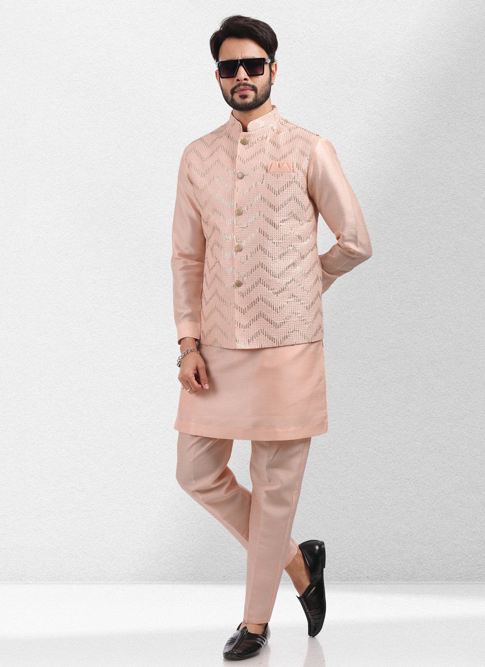 Embroidered Banarasi Silk Peach Kurta Payjama With Jacket - M5139