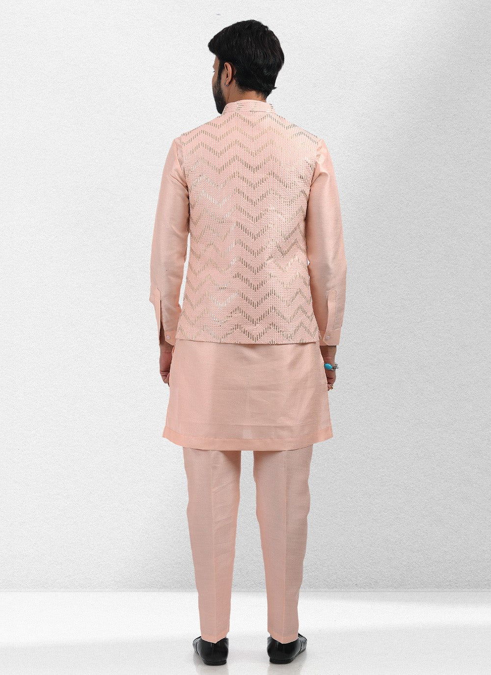 Embroidered Banarasi Silk Peach Kurta Payjama With Jacket - M5139