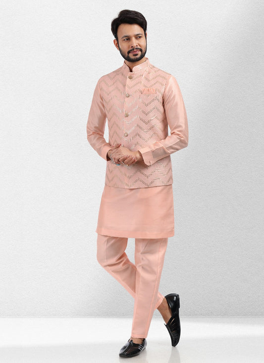 Embroidered Banarasi Silk Peach Kurta Payjama With Jacket - M5139