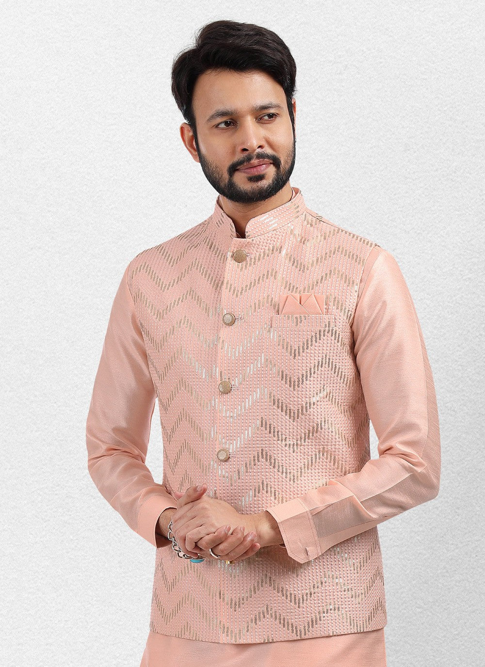 Embroidered Banarasi Silk Peach Kurta Payjama With Jacket - M5139