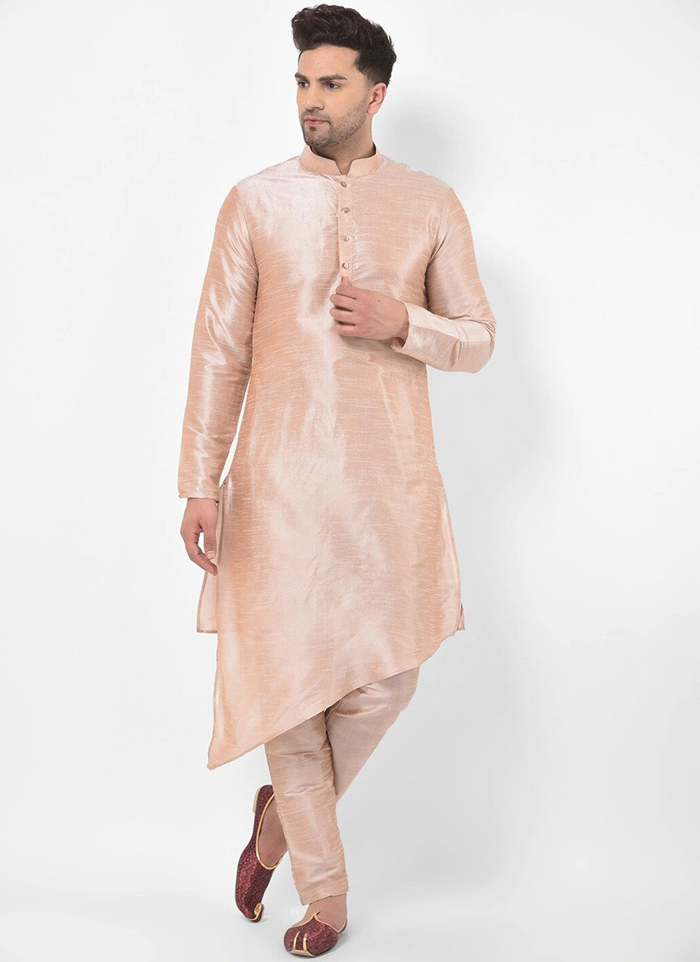 Plain Art Dupion Silk Peach Indo Western - M2503