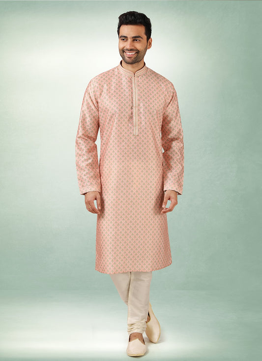 Printed Art Silk Peach Kurta Pyjama - M2855