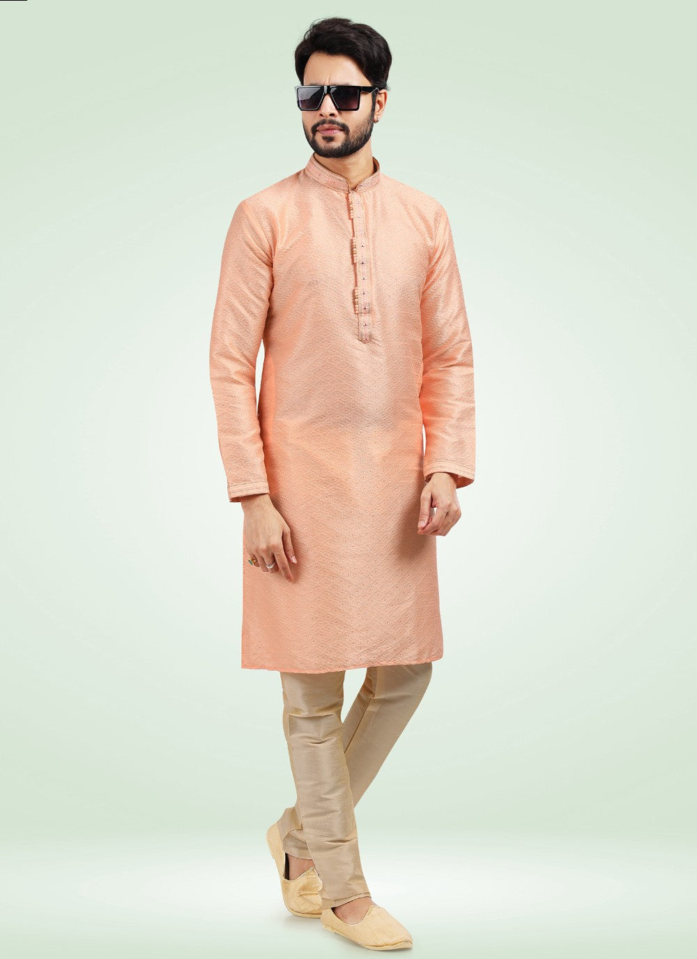 Fancy Work Banarasi Jacquard Peach Kurta Pyjama - M4577