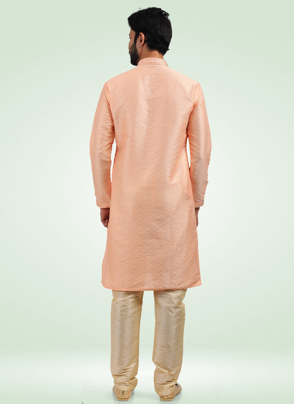 Fancy Work Banarasi Jacquard Peach Kurta Pyjama - M4577