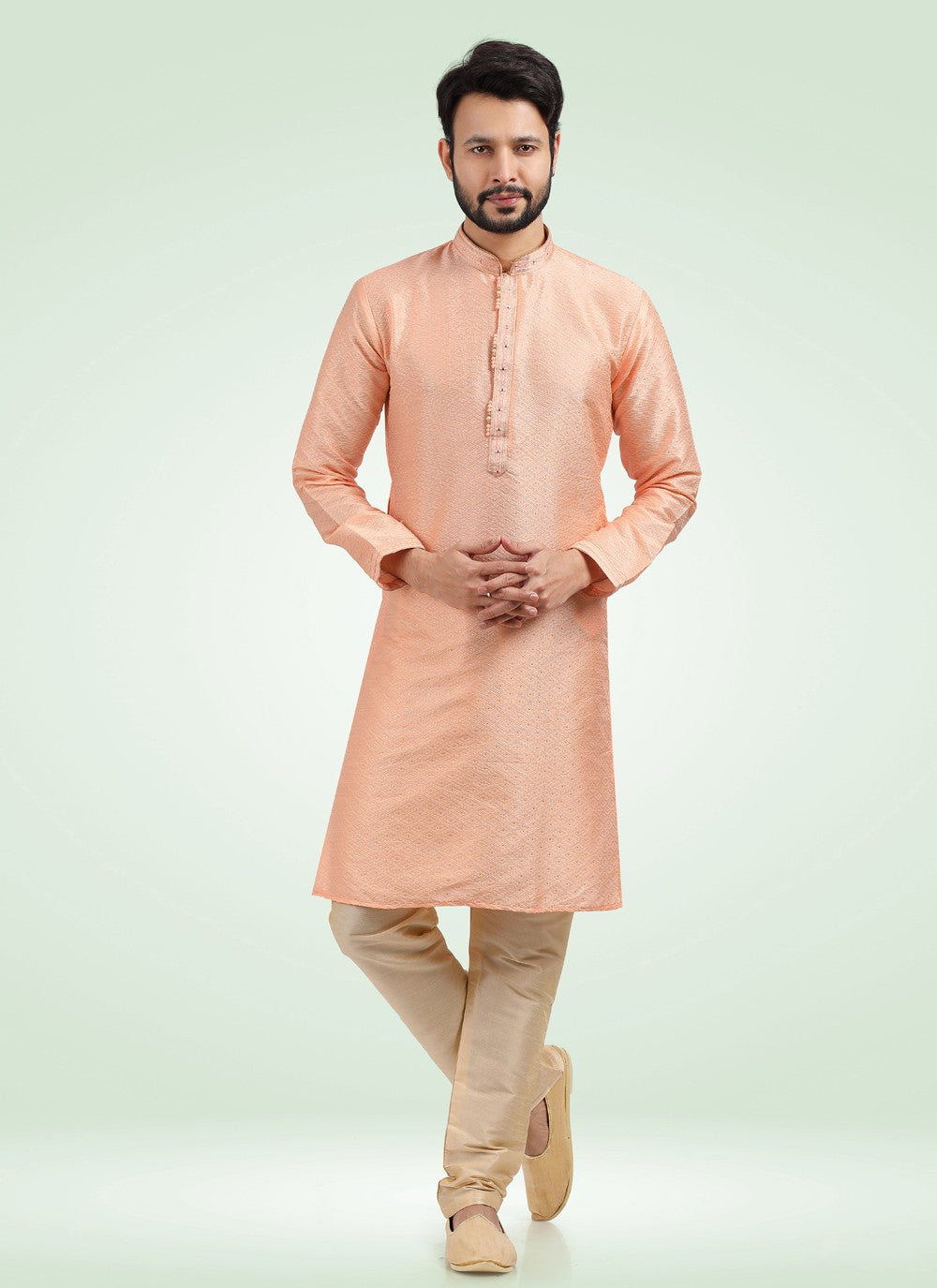 Fancy Work Banarasi Jacquard Peach Kurta Pyjama - M4577