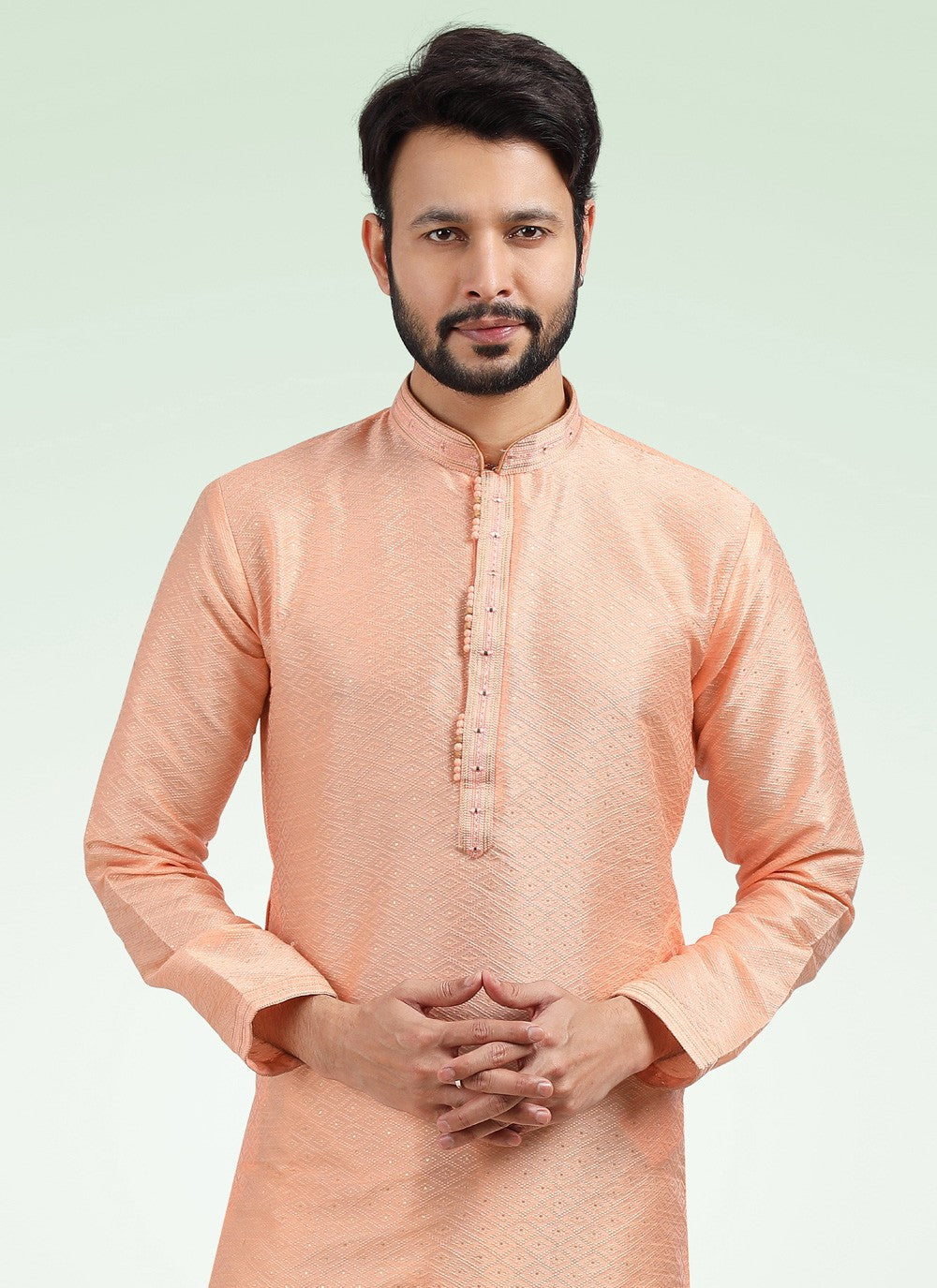 Fancy Work Banarasi Jacquard Peach Kurta Pyjama - M4577