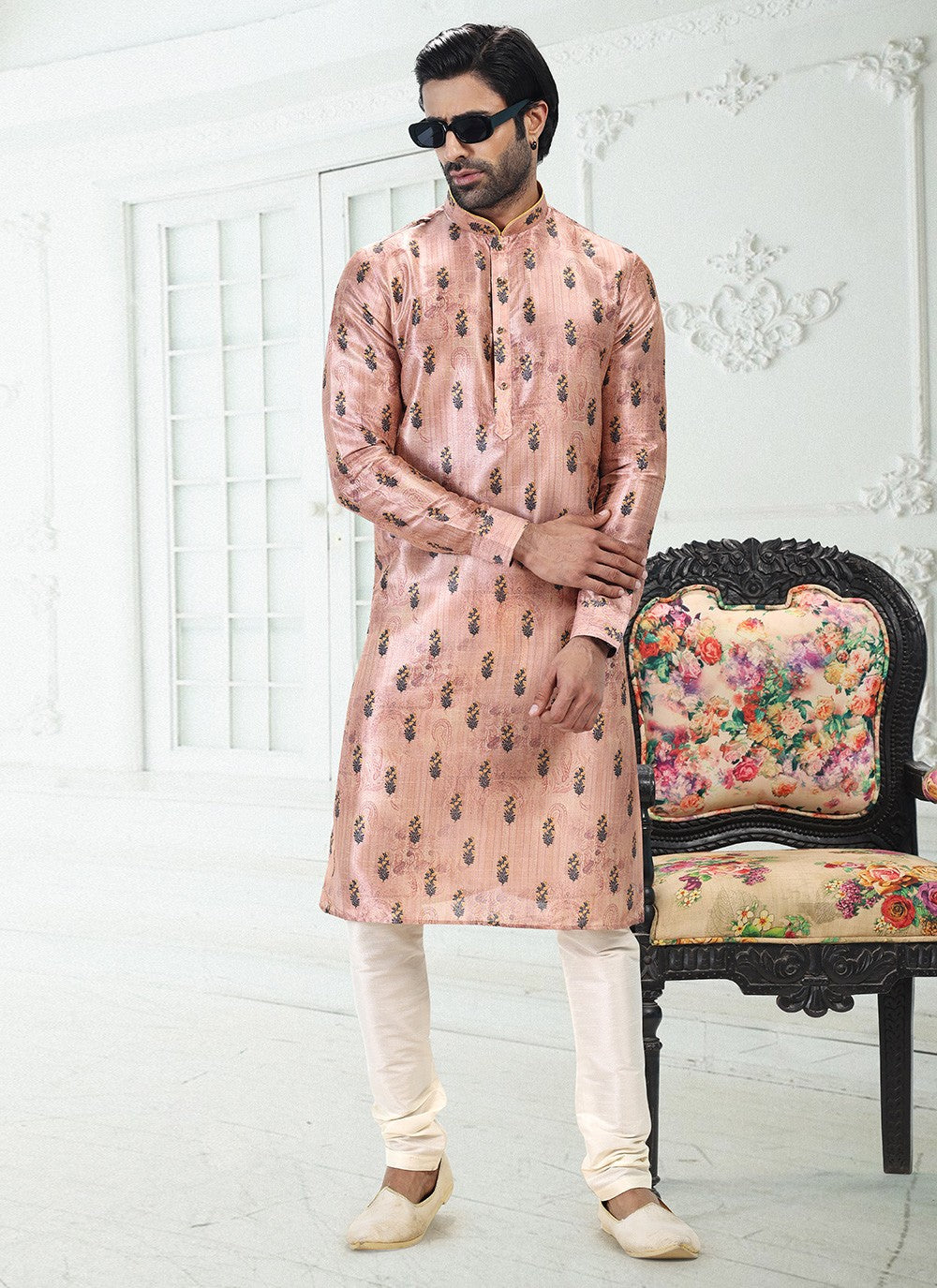 Digital Print Banarasi Silk Peach Kurta Pyjama - M4921