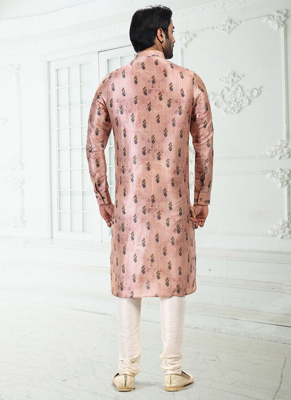 Digital Print Banarasi Silk Peach Kurta Pyjama - M4921