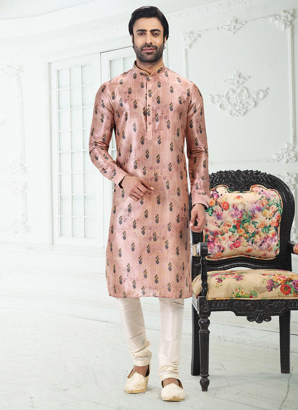 Digital Print Banarasi Silk Peach Kurta Pyjama - M4921