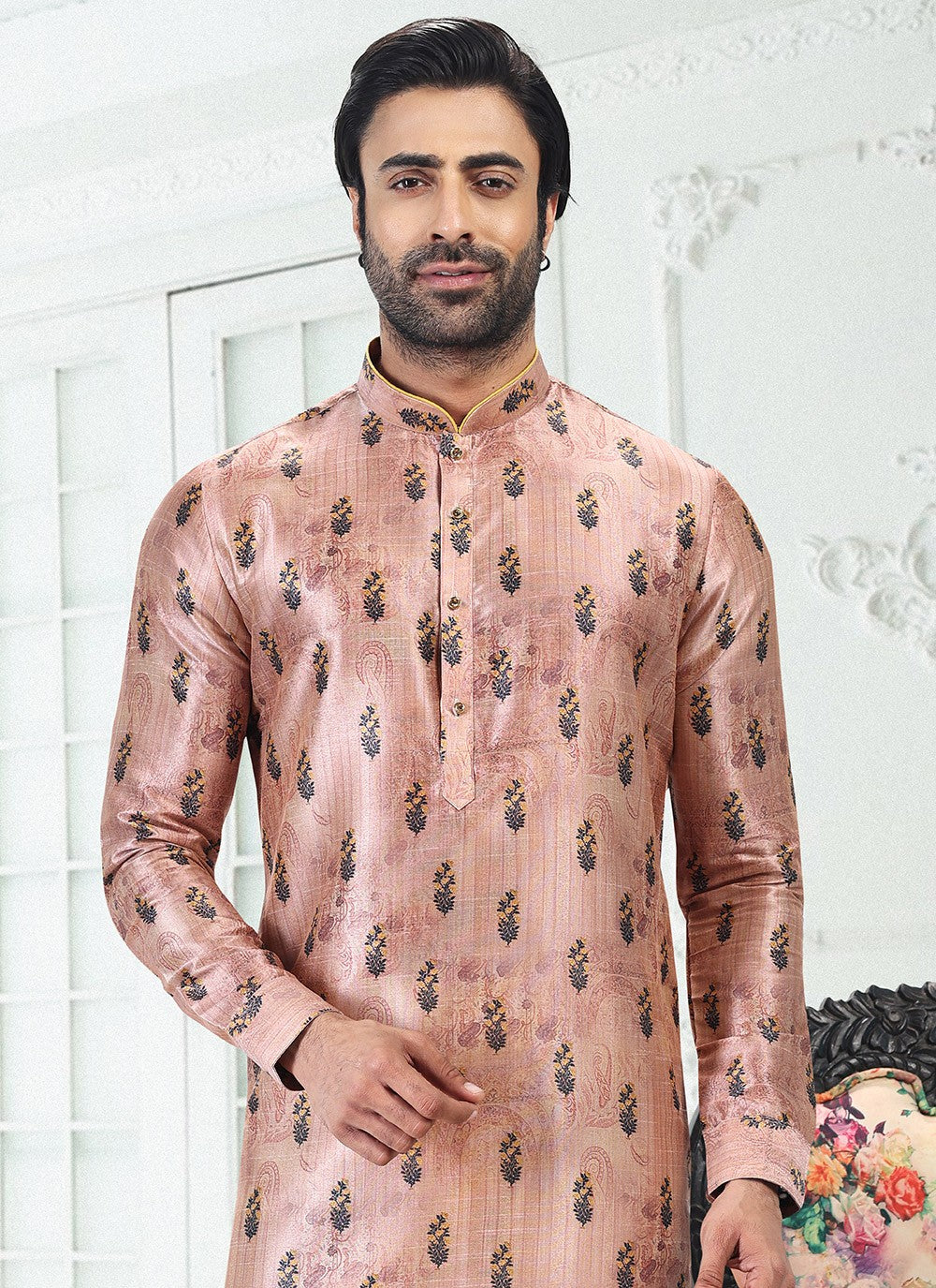 Digital Print Banarasi Silk Peach Kurta Pyjama - M4921