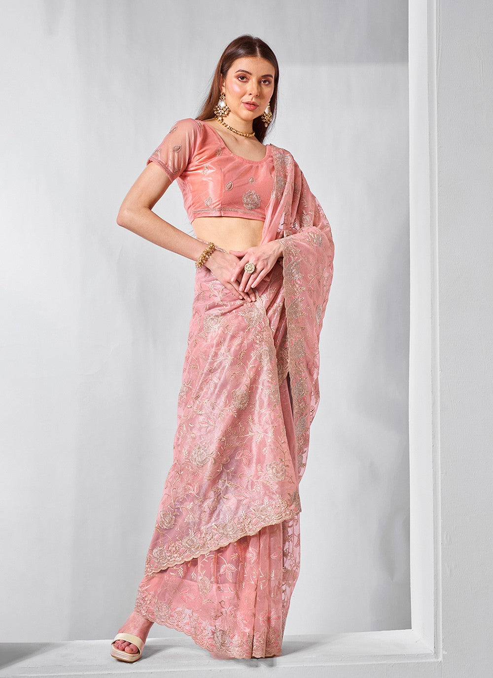 Classic Embroidered Net, Tissue Peach Saree - S10847