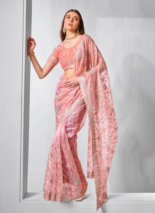 Classic Embroidered Net, Tissue Peach Saree - S10847