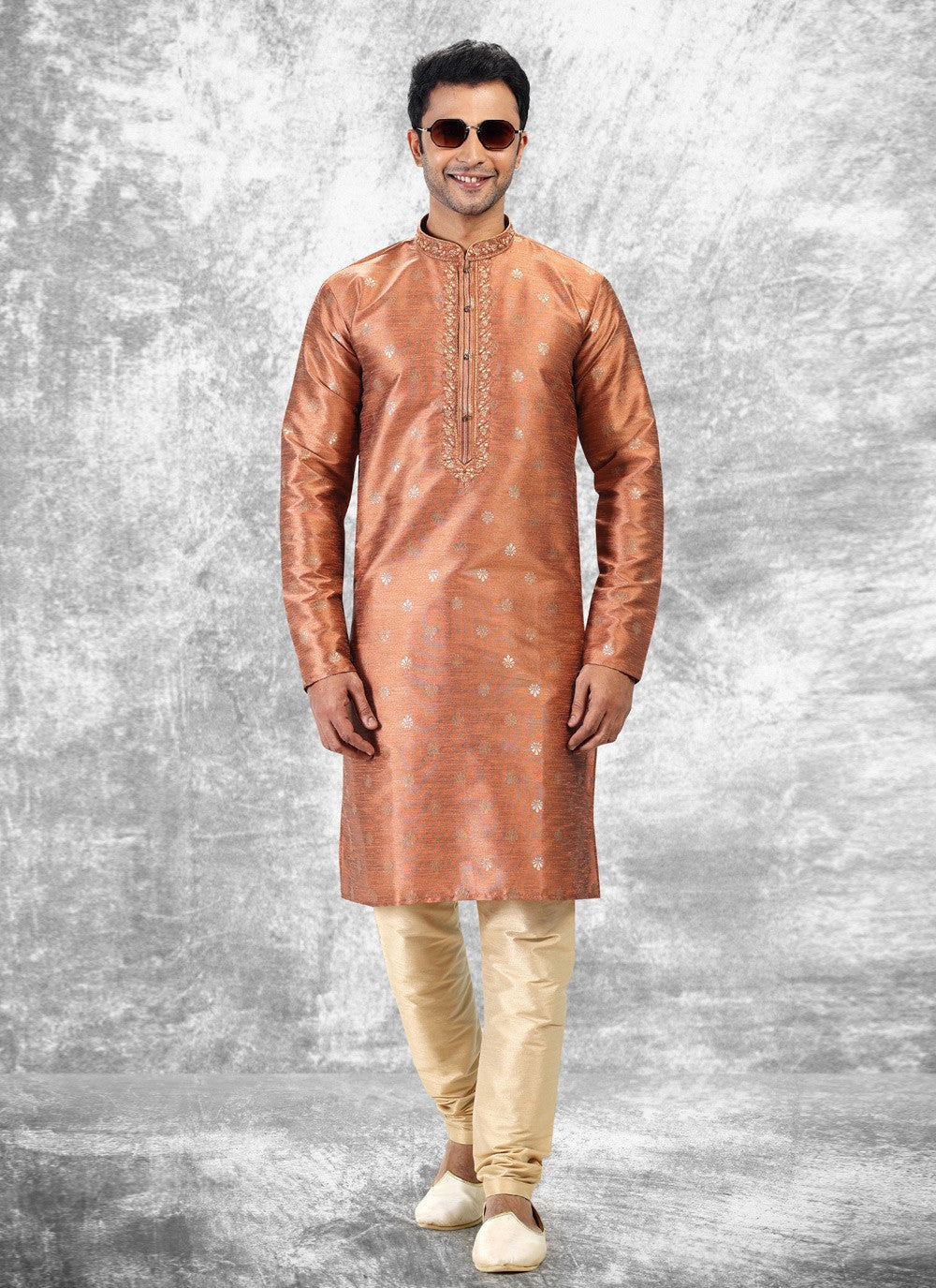 Fancy Work Brocade, Jacquard Silk Peach Kurta Pyjama - M4851