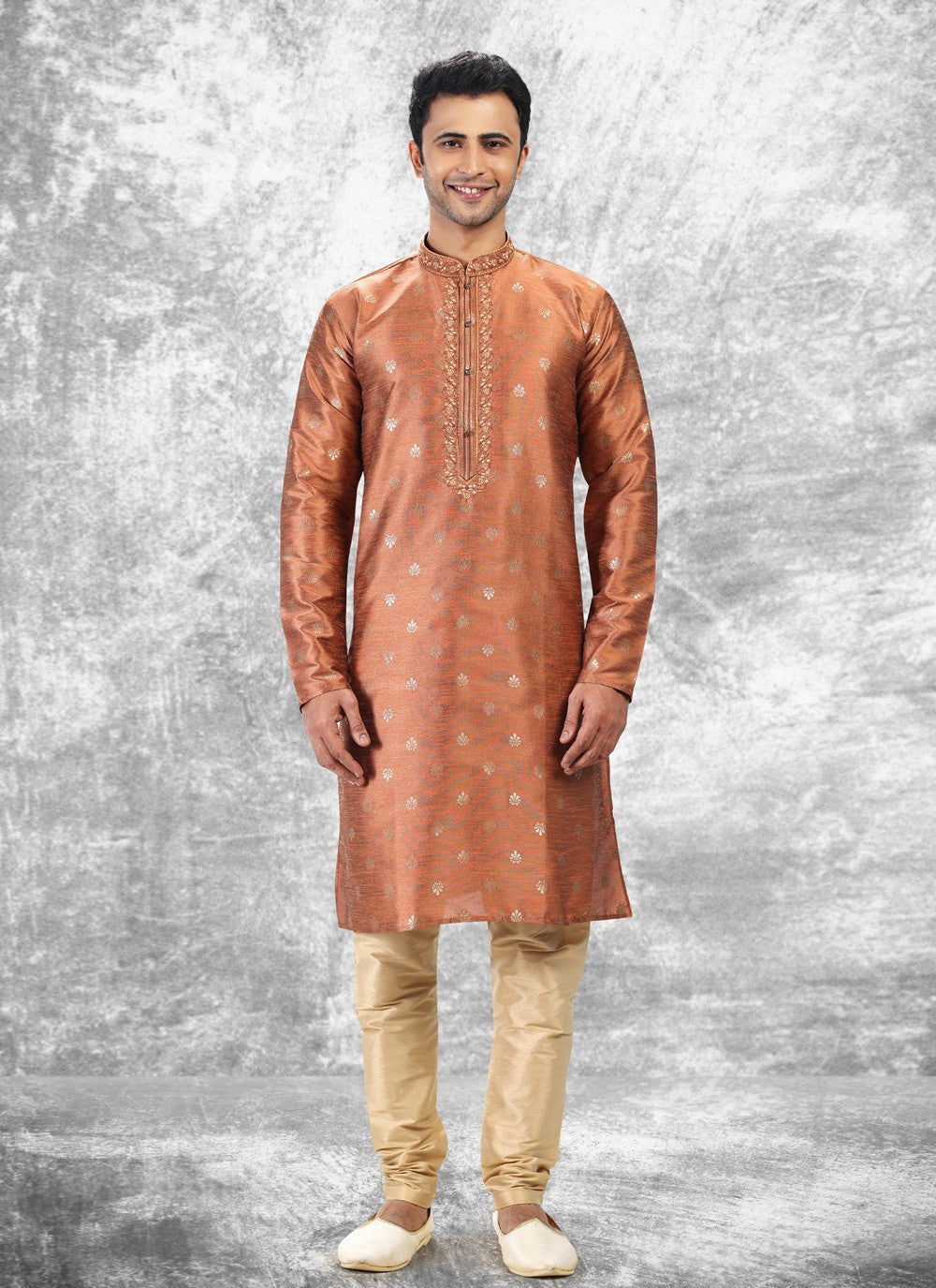 Fancy Work Brocade, Jacquard Silk Peach Kurta Pyjama - M4851